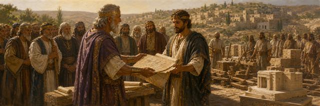 David giving Solomon temple plans before Israel’s leaders and waiting craftsmen